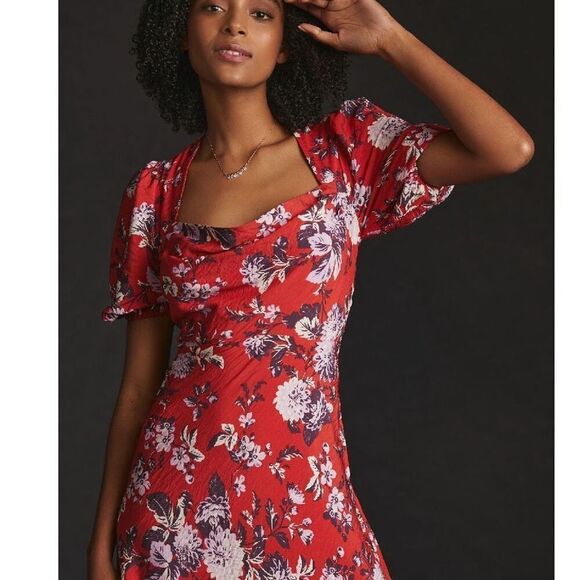 Anthropologie Maeve red floral puff sleeve maxi dress size 4 NWT - Picture 10 of 15